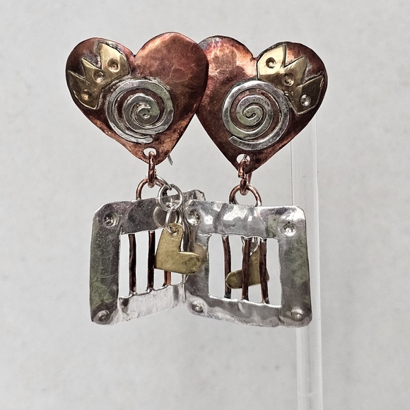 BOLIN “Caged Heart” Mixed Metal Earrings 925 Rare Artisan - Picture 3 of 14